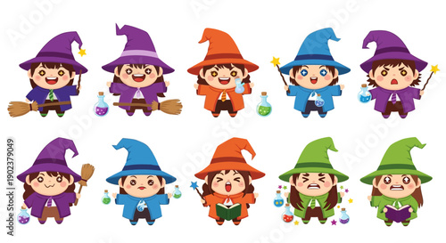 Cartoon witches with broomsticks and hats in various colors.