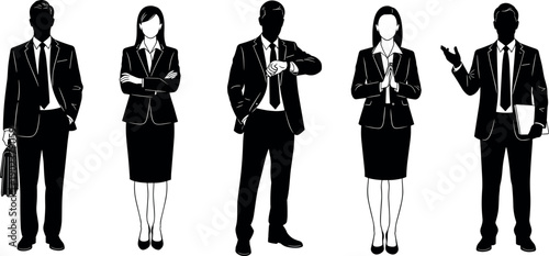 Set of Professional Business People Silhouettes in Suits Including Businessman with Briefcase Businesswoman Standing Confidently and Corporate Executive Checking Watch