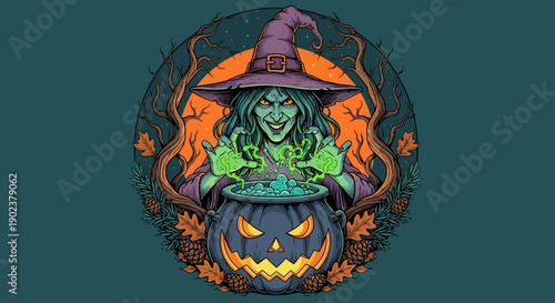 Halloween witch illustration with pumpkin and autumn leaves.