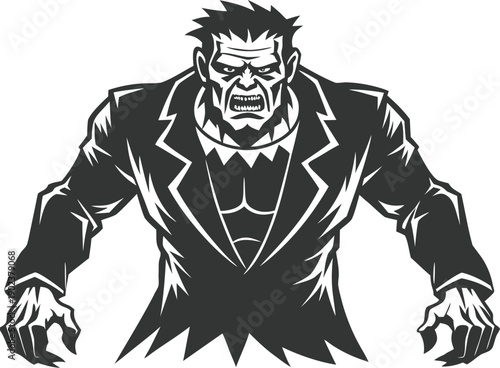 Frankenstein monster character illustration black and white vector art for halloween holiday design