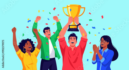 Team Celebrating Victory with Trophy and Confetti.