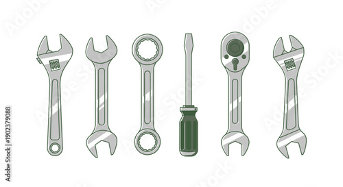 Set of assorted wrenches and screwdriver tools arranged in a row.