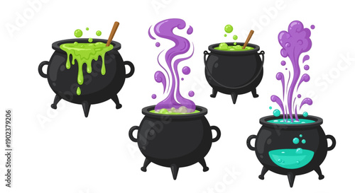 Five black cauldrons with colorful bubbling liquids and wooden spoons.