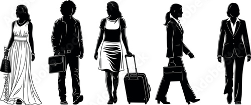 Silhouette set of diverse professional and elegant people walking with luggage and briefcases for business travel, fashion, and lifestyle concepts.