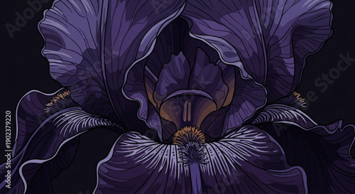 Purple iris flower illustration with detailed petals and stamens on dark background elegant floral design for luxury branding and packaging