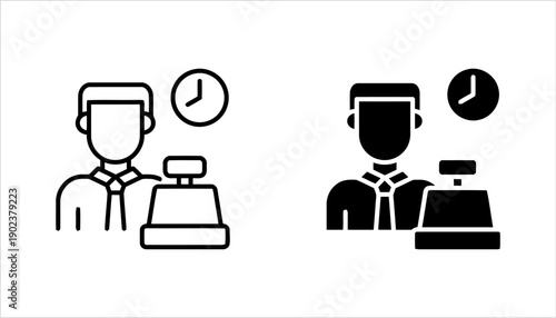 Cashier working at checkout counter with clock indicating time in line concept outline icon