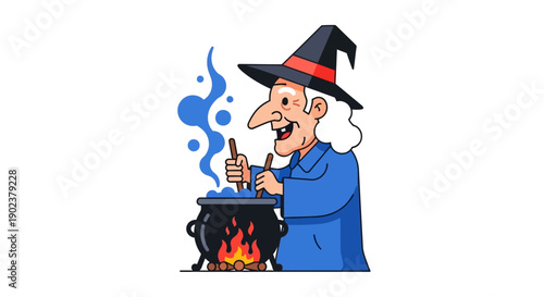 Cartoon wizard stirring magical potion in cauldron.