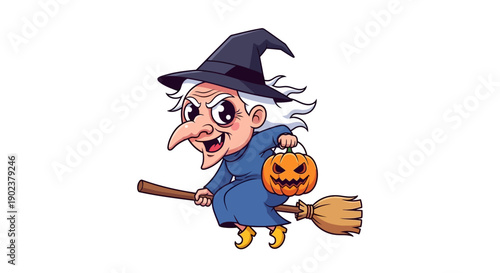Cartoon witch flying on a broomstick with a pumpkin.