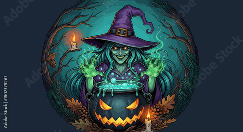 A mystical witch conjuring magic from a glowing jack o' lantern on Halloween night.