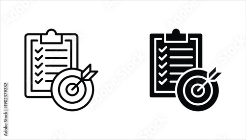 Checklist clipboard and dartboard with arrow, business plan concept
