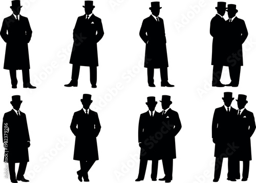 Silhouette Vector Illustration of Victorian Gentlemen in Top Hats and Long Coats Standing in Various Classic Formal Poses for Design