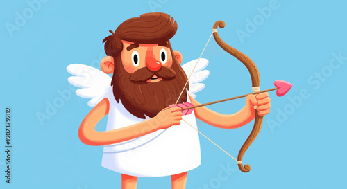 Cartoon Cupid aiming bow and arrow with heart shaped tip