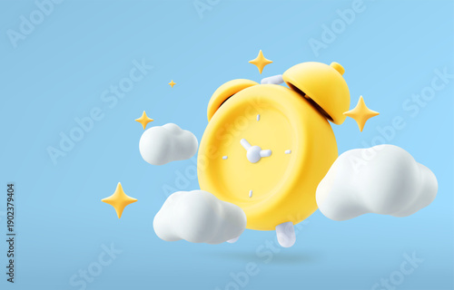 Ringing alarm clock 3D realistic render vector illustration. Alarm clock volumetric button 3D icon, reminder and deadline notice symbol.