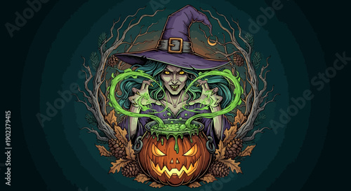 Halloween witch illustration with glowing pumpkin and mystical aura.