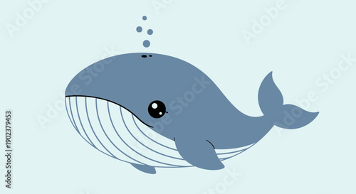 A cartoon blue whale swimming in the ocean with bubbles.