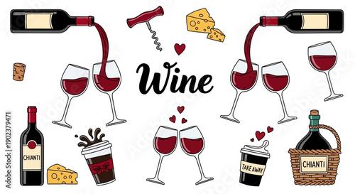 Wine bottles and glasses with cheese and corkscrew illustration.