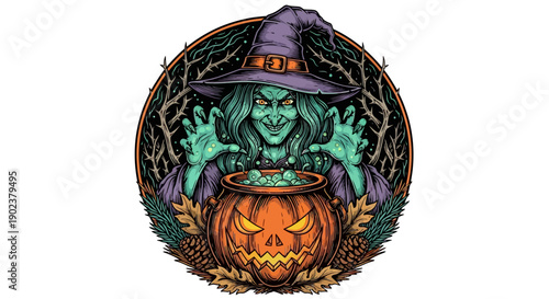 Halloween witch with green skin and purple hat holding a pumpkin.