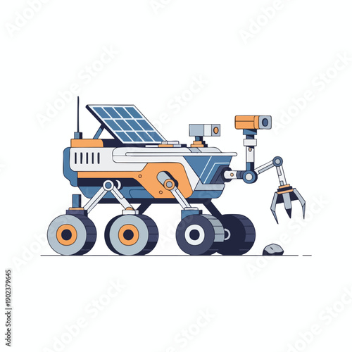 Illustration of a robotic rover with solar panel and manipulator arm