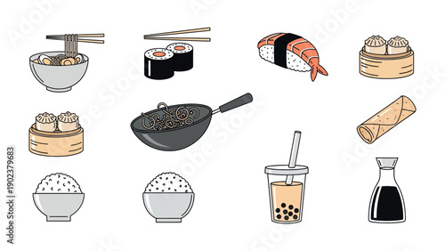 Asian Culinary Collection: An illustrative presentation of delectable dishes including ramen, sushi, dim sum, and bubble tea. Each element, from steaming ramen to delicate sushi rolls.