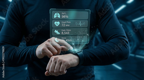 Man checking health data on futuristic smartwatch interface showing SpO2, heart rate, steps, and sleep