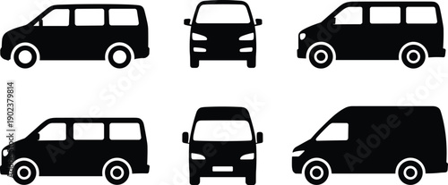 Black van silhouette icon set with front and side views, commercial minibus transport vehicle vector collection