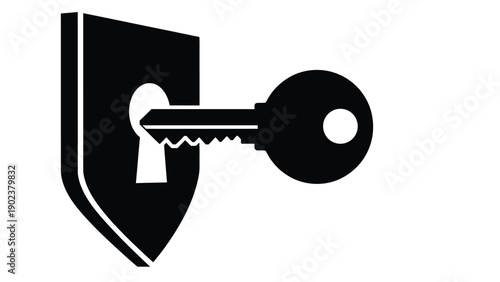 Black and white silhouette icon depicting a security shield with a key inserted into the keyhole symbolizing protection and access control.