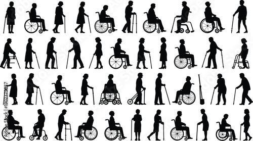 Silhouettes of elderly people using mobility aids such as wheelchairs, walkers, and canes in a black and white