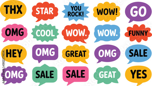 Colorful speech bubble stickers set with fun words, comic style chat labels for social media, messaging apps, marketing, promotions, and kids designs