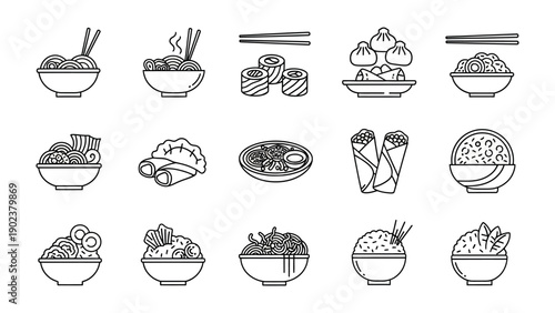 Asian Cuisine Icon Collection: A meticulously crafted collection of minimalistic icons representing various dishes, inviting exploration of the culinary arts.