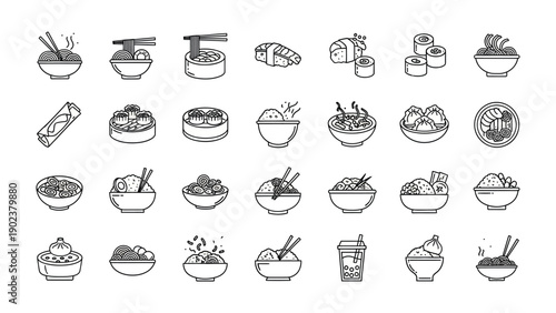 Culinary Delights: Diverse selection of delicious cuisine, from savory noodles and delicate sushi rolls to appetizing spring rolls. A feast of flavor, beautifully illustrated.