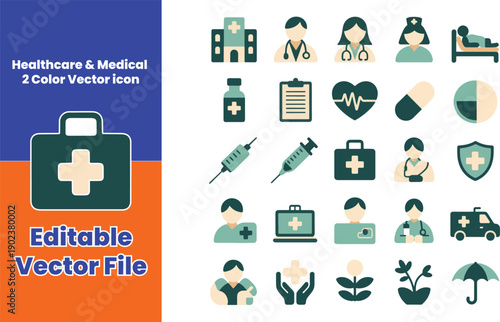 Healthcare & Medical Solid Icon Set – 2 Color Vector