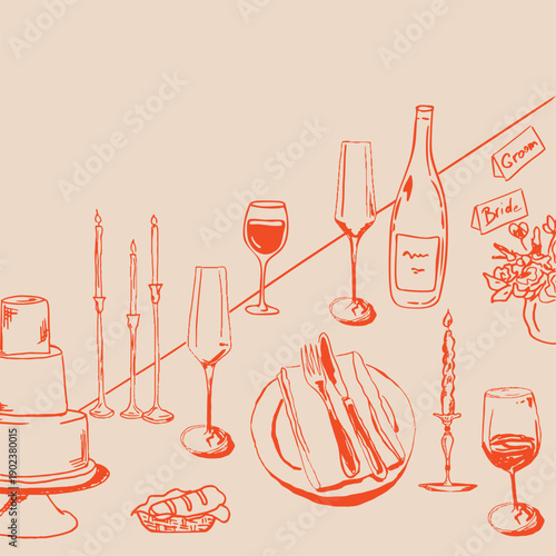 Картината върху платно Vector illustration of tablescape with glasses, wine and candles, cake and bread