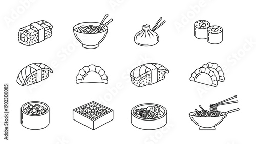 Elegant Culinary Collage: A minimalist yet inviting display of sushi rolls, dumplings, and ramen. A sophisticated monochromatic composition, representing the delightful world of asian cuisines.