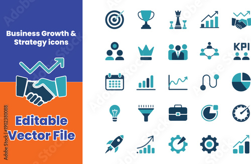 Business Growth & Strategy Solid Icon Set – 2 Color