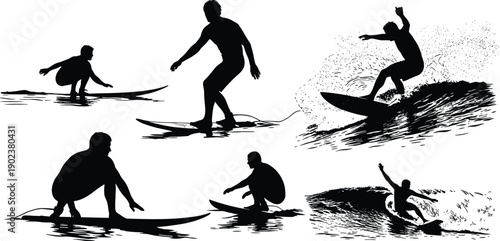 Collection of surfer silhouettes riding ocean waves isolated on white background representing water sports, beach adventure, recreation, and summer lifestyle