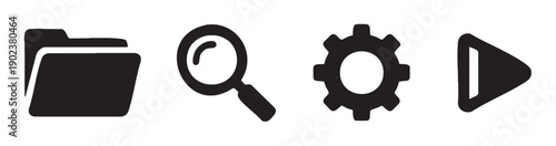 Collection of common interface icons including folder search gear and play button