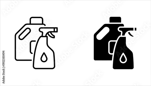 Cleaning supplies set with spray bottle and detergent container outline and solid icons