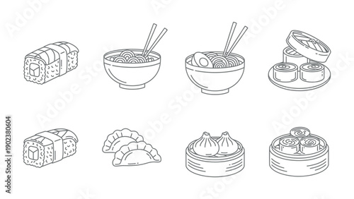 Asian Cuisine Illustration: A captivating monochrome illustration showcases a variety of traditional Asian dishes, including sushi rolls, bowls of noodles, dim sum, and dumplings.