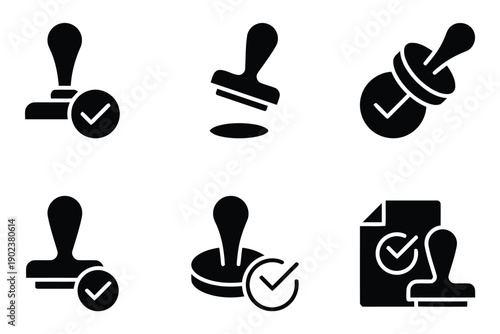 Collection of approved stamp icons with checkmarks in various positions on white background