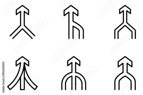 Collection of arrow icons showing merging and splitting paths in outline style