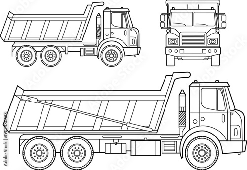 Detailed line art dump truck and tipper lorry vector illustrations, side and front views, technical outline for construction, transportation, and industrial design