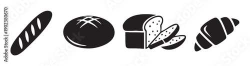 Collection of bakery items including baguette, round bread, loaf, and croissant