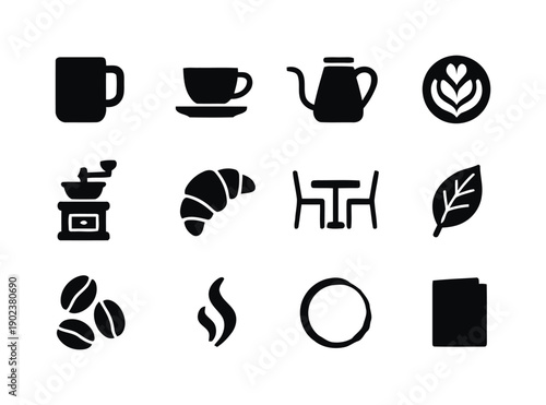 Collection of black icons representing coffee shop and cafe elements