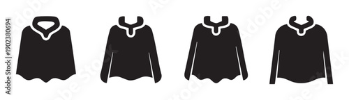 Collection of black poncho icons with different collar styles