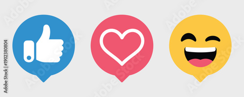 Social media notification icon set. showing like heart laugh reactions for apps interface messaging engagement concept.