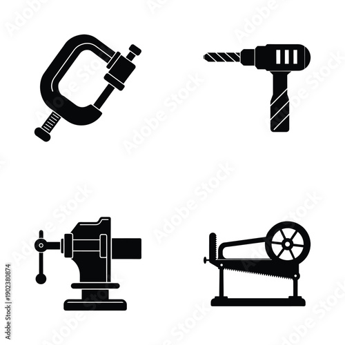Set of woodworking workshop equipment silhouette icons featuring drill, clamp, vise, circular saw blade and bench tools. Power tools and workshop machinery silhouette icons.
