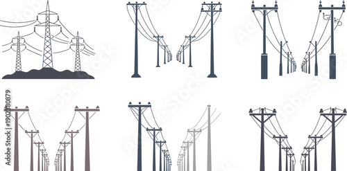 Electric power line and transmission pole silhouettes vector set, utility infrastructure pylons and overhead cables for energy, grid, and industrial design