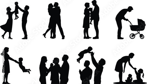 Silhouettes of parents and children engaging in various activities together family