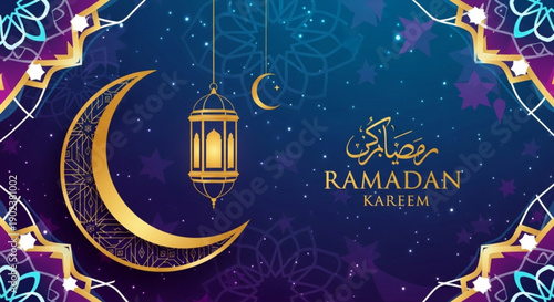 Golden crescent moon and lantern hanging in starry night sky with ramadan kareem greeting in islamic patterned frame
