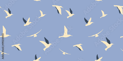 Seamless seagull pattern with hand drawn birds on blue sky background